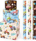 WERNNSAI Monster Truck Wrapping Paper Rolls - 3 Short Rolls 17 in x 120in Monster Jam Truck Birthday Gift Wrapping Paper for KIds Boys Birthday Racing Theme Party Decorative Supply,Beige Blue Brown Gift Papers with Cut Lines