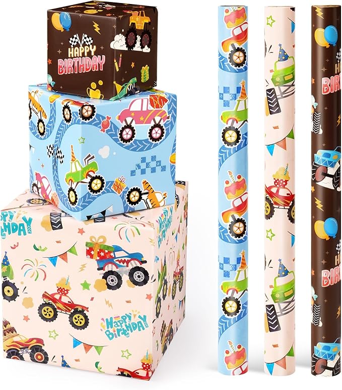 WERNNSAI Monster Truck Wrapping Paper Rolls - 3 Short Rolls 17 in x 120in Monster Jam Truck Birthday Gift Wrapping Paper for KIds Boys Birthday Racing Theme Party Decorative Supply,Beige Blue Brown Gift Papers with Cut Lines