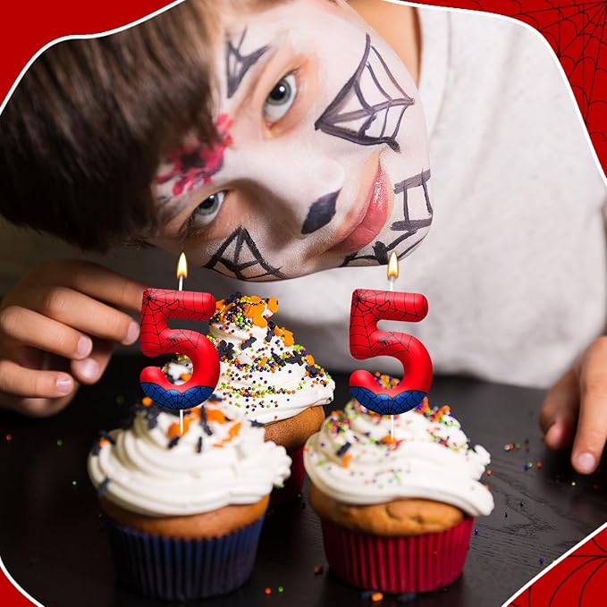 Spider Themed Birthday Candles Number 5 Red Blue Spider Web Themed Cake Topper Candle Party Decoration Birthday Party Celebrations Supplies Favors(Number 5)