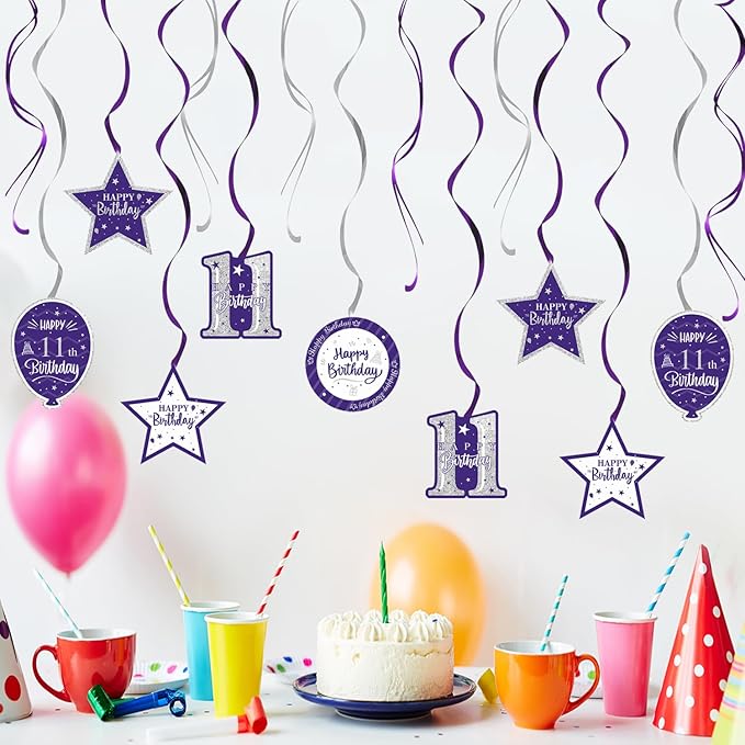 Happy 11th Birthday Purple & Silver Glitter Swirls Streamers Party Decorations - 15 Pcs 11th Birthday Hanging Swirls Streamers Kit,Cheers to Eleven Years Old Bday Party Sign.