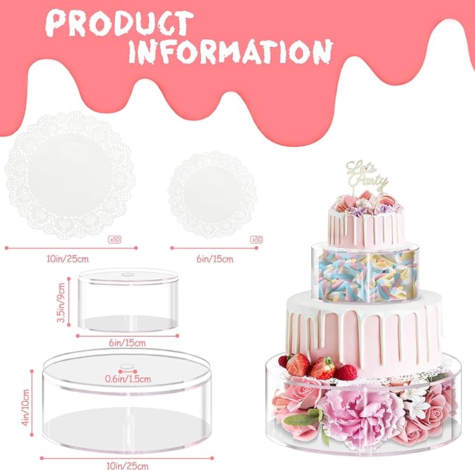 2PCS Acrylic Fillable Cake Stand with Lace Paper Doilies, Clear Round Cylinder Display Riser Display Box, Decorative Centerpiece for Wedding Birthday Party Display(6Inch, 10Inch)
