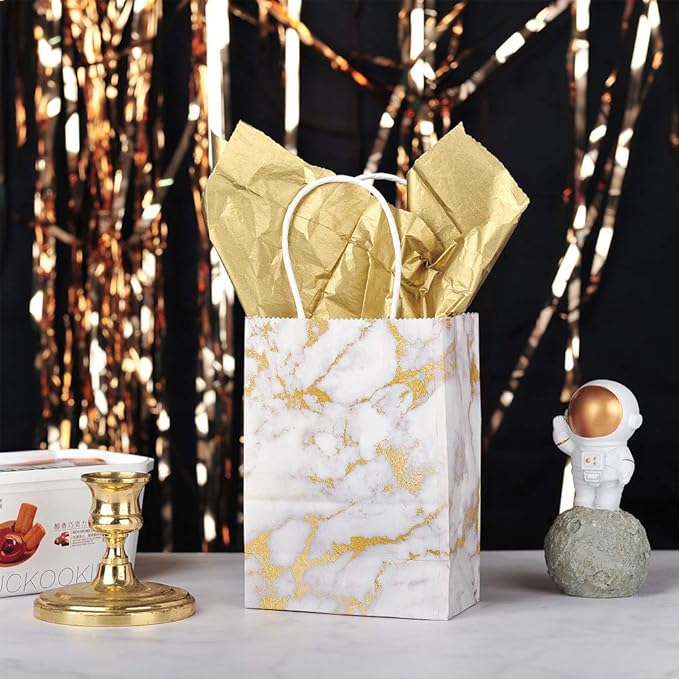 AWELL Mini Size Marble White Paper Bag with Handle - Party Favours Bag 6x4.5x2.5 inch for Wedding, Birthday, Baby Shower - Pack of 24