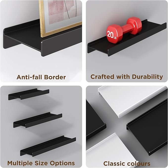 Floating Shelves for Wall, Wall Mounted Shelves with Lip for Storage, Metal Display Shelves for Home Decor, Kitchen/Living Room/Bedroom/Bathroom Shelf, Black 16 inch 1 Pack