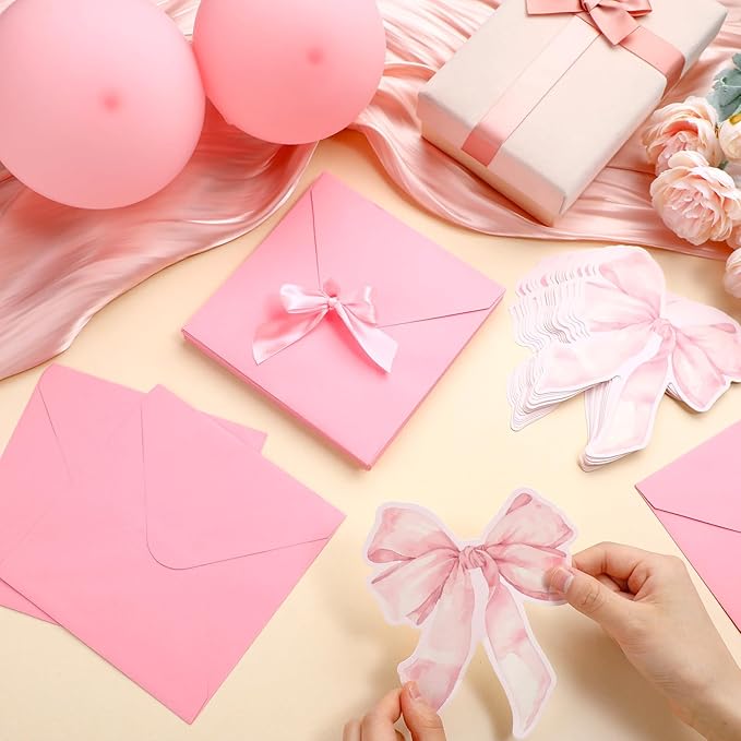 Marspark 25 Set Pink Bow Birthday Invitation Coquette Bow Paper Card with Envelopes and Stickers Wedding Birthday Bachelorette Invitation Party Supplies for Baby Shower Girls Dinner Favors, 5 x 6 Inch