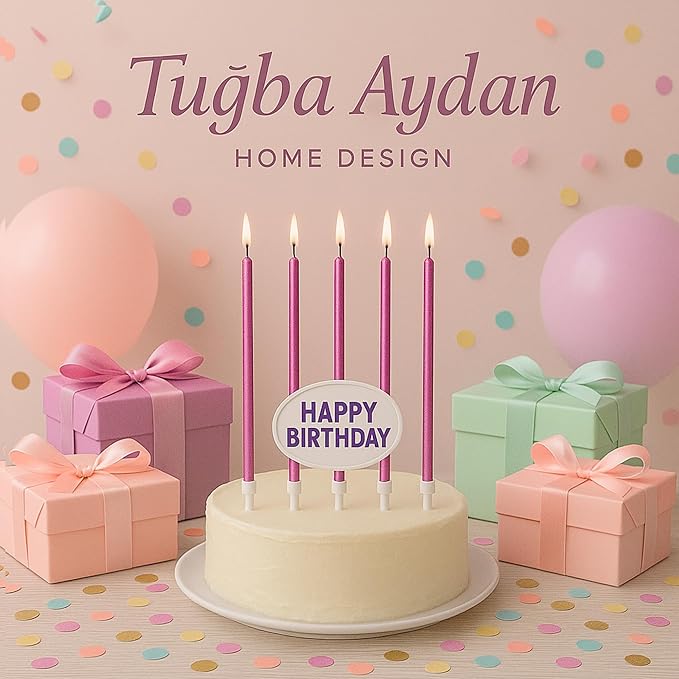by Tugba Aydan - Pink Birthday Candles, 24 Pack, Long Thin Metallic Cake Candles with Holders, Elegant Pink Candles for Cakes, Cupcakes & Parties