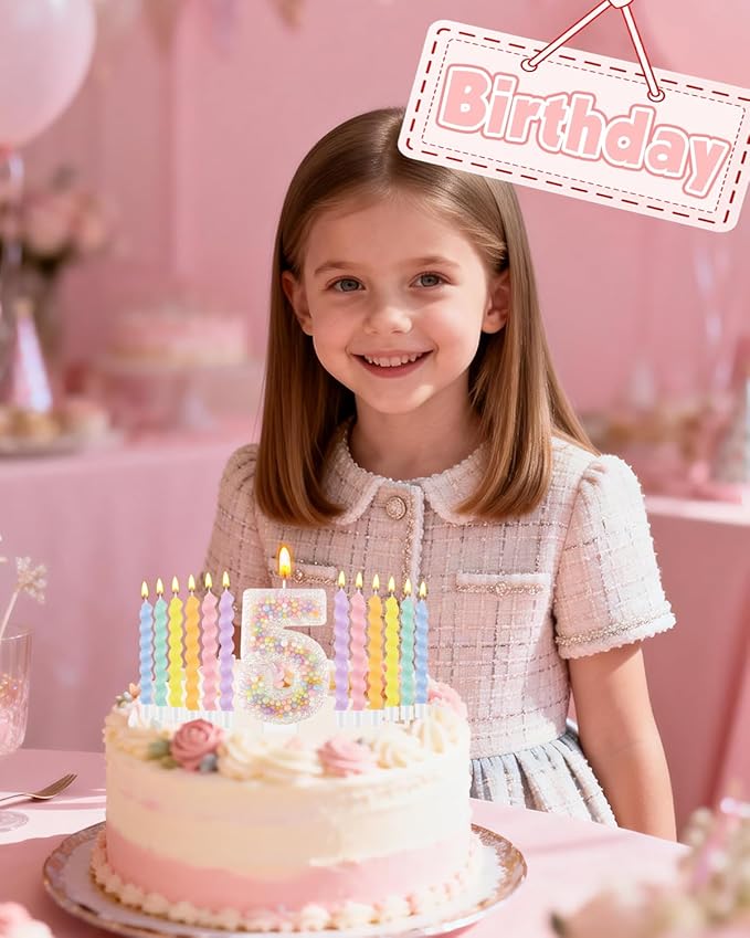 Birthday Candles for Cake, Pink Number Candles, Cake Candles with Greeting Card for Birthday Party Wedding Anniversary Celebrations（5 Candle,White Number Macaron）