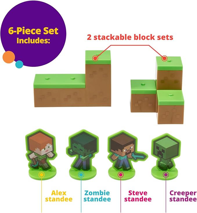 DecoSet® Mobs Beware Minecraft Cake Topper, 6-Piece Stackable Cake Decoration, Interlocking 3D Blocks With Characters, Food Safe Birthday Cake Decoration