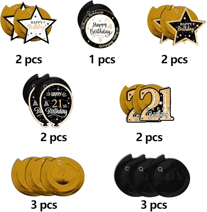 Happy 21st Birthday Black & Gold Glitter Swirls Streamers Party Decorations - 15 Pcs 21st Birthday Hanging Swirls Streamers Kit,Perfect for 21st Bday Party Sign.