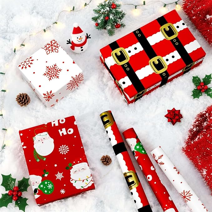 WERNNSAI Christmas Wrapping Paper Rolls - 3 Rolls 17”x 120”Red Christmas Wrapping Paper for Holiday Gift Packing Decorations Santa Claus and Snowflake Design Wrap Paper with Cutting Lines
