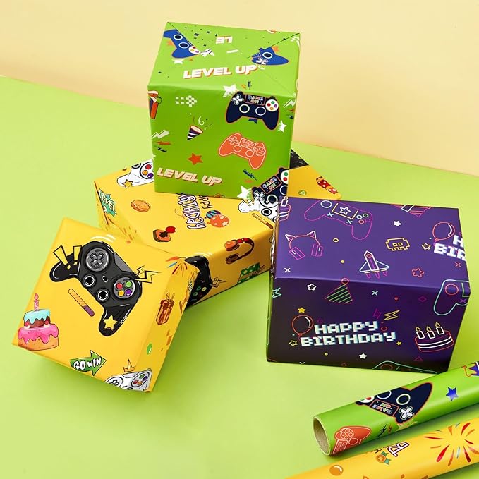 WERNNSAI Gaming Wrapping Paper Rolls - 3 Short Rolls 17 in x 120 in Video Game Wrapping Paper for Kids Boys Birthday Gamer Theme Party Decorative Gift Packing Paper Supply Green Yellow Purplewith Cut Lines