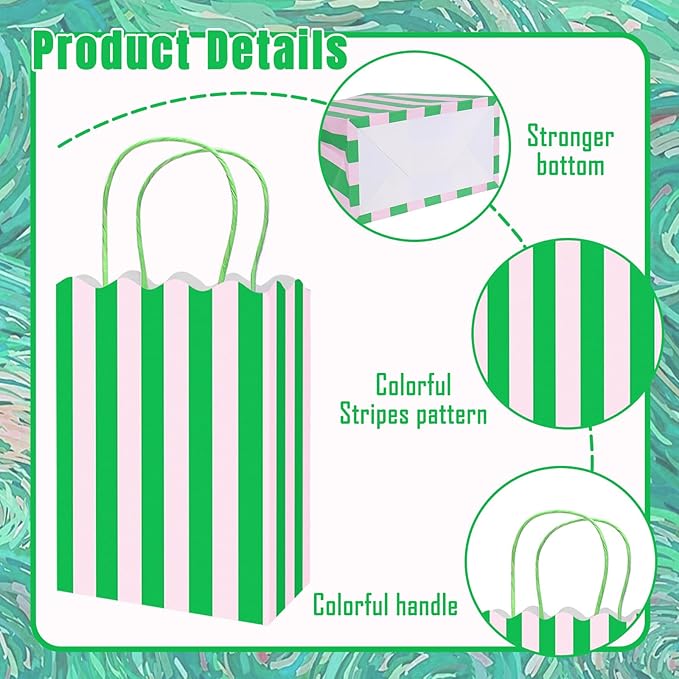 Whaline 24 Pcs Colorful Paper Gift Bag Treat Bags with Handles Stripe Scalloped Candy Goodie Bags for Party Favors Supplies