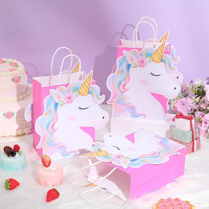 Kolldenn 24 Pack Unicorn Party Favor Bags Goody Bags with 48 Pcs Cardstocks and Handles for Unicorn Birthday Party Gift Goody Treat Candy for Unisex Favors