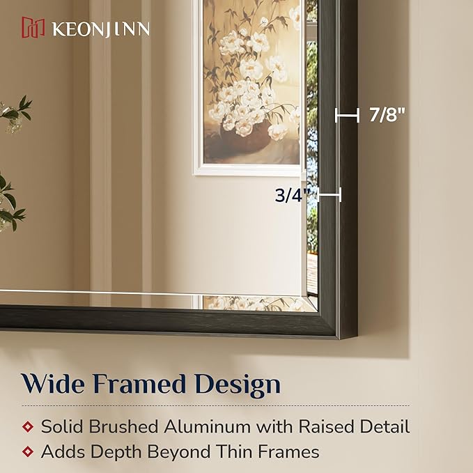 Keonjinn 55" x 30" Black Bathroom Vanity Mirror, Black Metal Framed Mirror, Beveled Edge Tempered Glass, Aluminum Alloy, Rustproof, Decorative Wall Mirrors for Entryway, Hallway(Vertical/Horizontal)