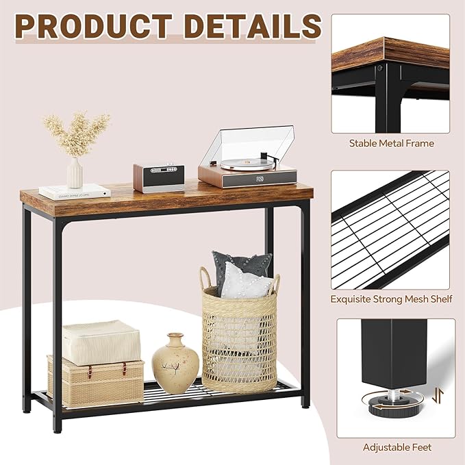 Besiost 32" Small Console Table with 2-Tier Storage, Industrial Narrow Entryway Table, Sofa Table Behind Couch for Hallway, Foyer & Living Room, Sturdy Metal Frame, Rustic Brown
