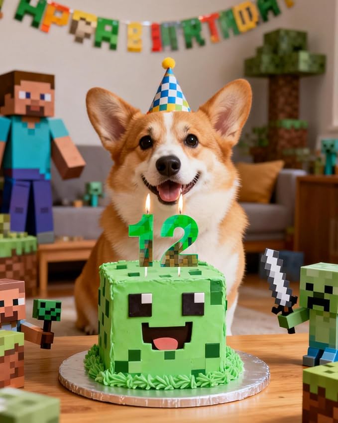 Pixel Birthday Candle, 2.68 Inch Miner Number Candles, Game Themed Candle Birthday Decoration for Pixel Theme Birthday Anniversary Dynamite Video Game Party (Green, 12)