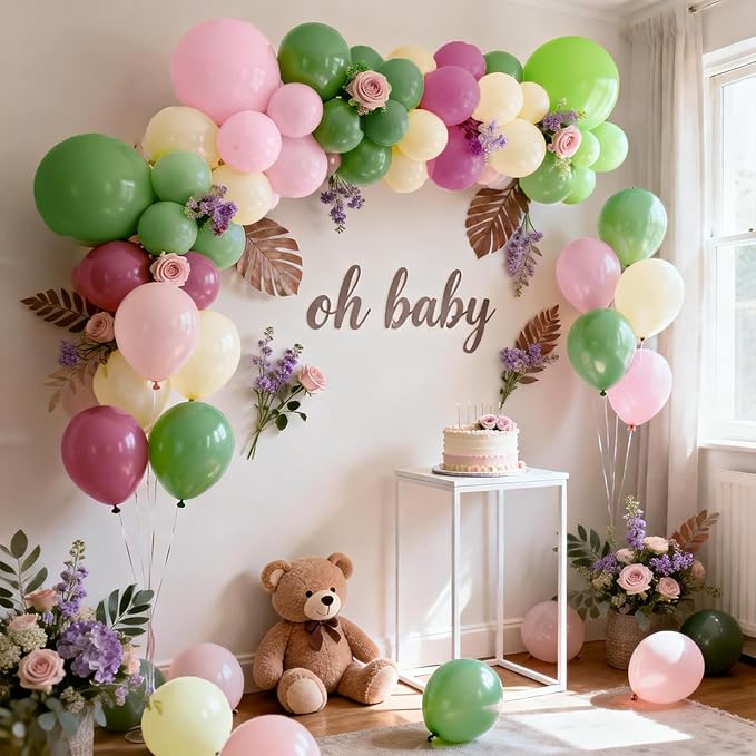 Pink Green Purple Balloons Arch Kit，Green And Pink Balloons with Sage Light Olive Green Dusty Pink Lilac Yellow Pastel Balloons for Wedding Birthday Party Fairy Bridal Shower Wildflower Decoration.