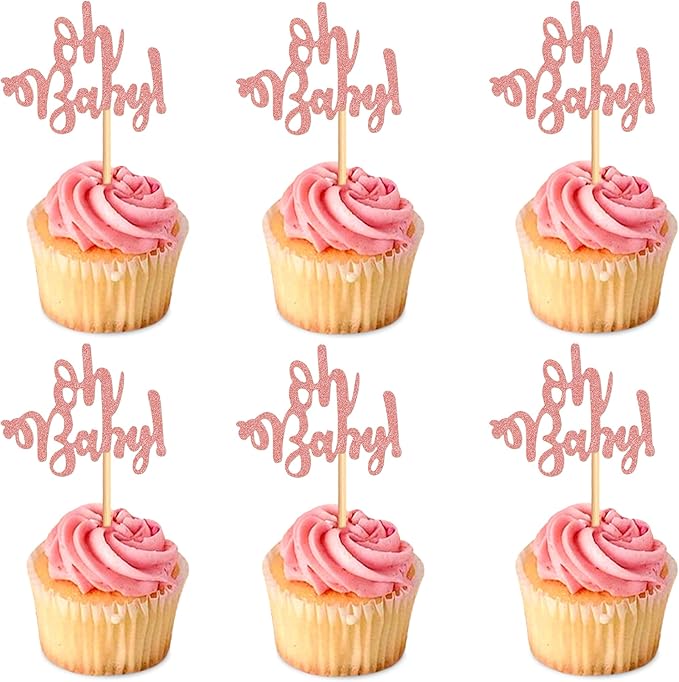 Ercadio 24 Pcs Oh Baby Cupcake Toppers Glitter Rose Gold Cake Topoper for Boy or Girl Theme Baby Shower Cupcake Picks Kids Birthday Party Cake Decorations Supplies