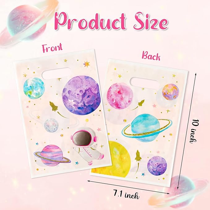 ANGOLIO 50PCS Pink Space Theme Party Bags - Solar System Planet Treat Bags for Kids Birthday Favors, Baby Shower Decorations & School Candy Supplies