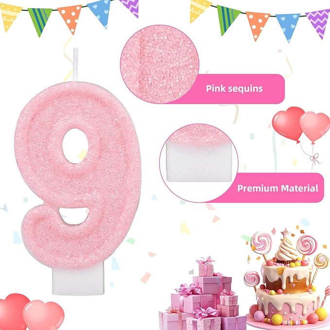 Pink Number Birthday Candles, Romantic Cake Glitter Pink Number Candles Anniversary Cake Topper Decoration Cute Birthday Party Supplies for Wedding Anniversary Celebration Supplies (9)