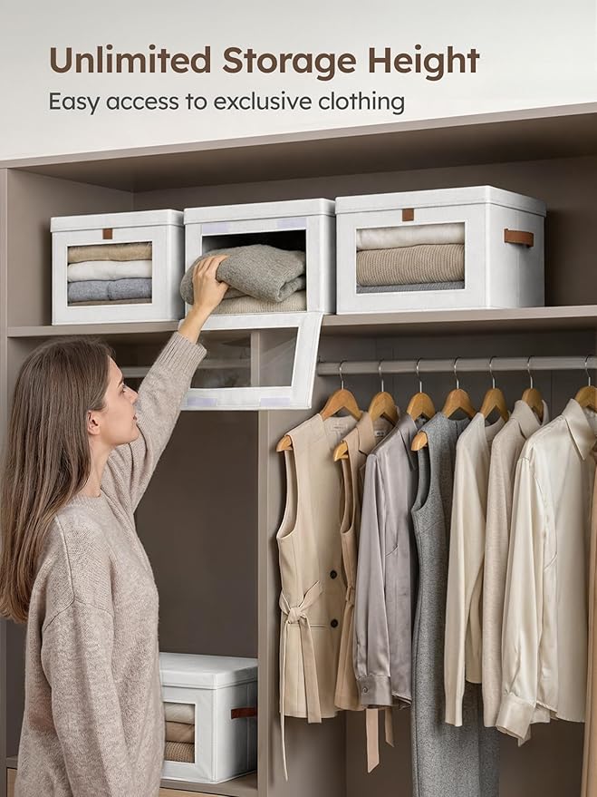 Homsorout Medium Fabric Storage bins - Closet Shelf Organizer with Open Window, 5 Pack Closet Baskets for Shelves, Stackable Decorative Boxes for Home, Dorm, White, 13.7" x 9.8” x 9.8"