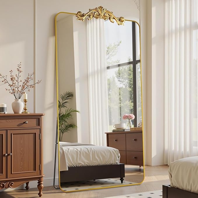 Vintage Full Length Mirror, 81"x41" Floor Mirror with Carved, Full Body Mirrors for Home Decor, Standing/Hanging Large Wall Mirrors for Bedroom/Living Room/Entryway, Gold, Retro Style