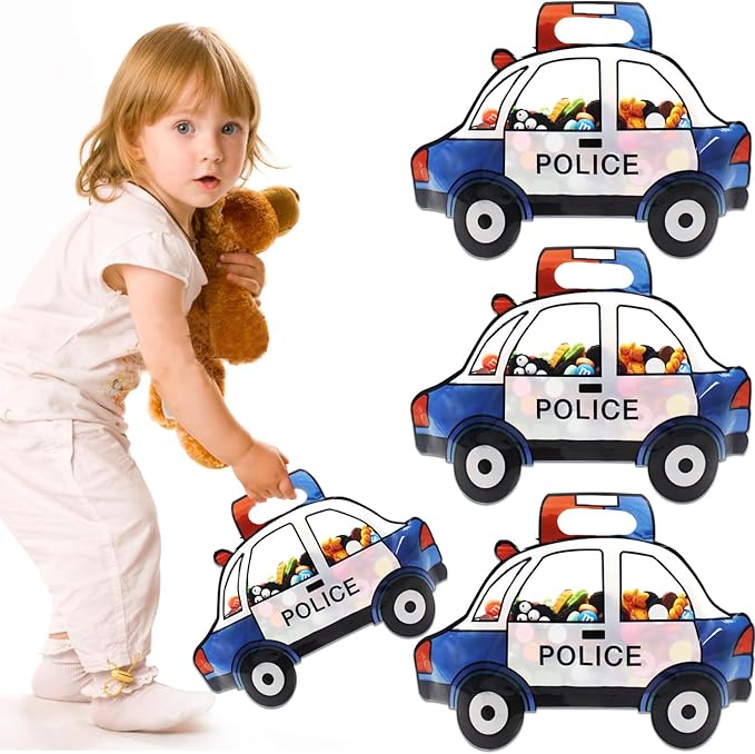30 Pack Goodie Bags - Cartoon Police Car Candy Treat Bags with Handle - Resealable, Small Plastic Ziplock Seal Party Favor Birthday Bags