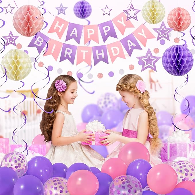 ZERODECO Birthday Decorations, Easy to Assemble Purple Happy Birthday Banner with Honeycomb Ball, Balloon, Hanging Swirl Streamer, Garland, Happy Birthday Party Decorations for Women Girls Kids