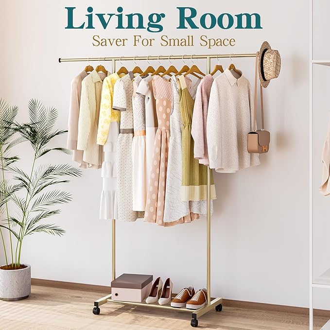 SUOERNUO Clothes Rack with Wheels Rolling Clothing Rack for Hanging Clothes, Portable Metal Garment Rack for Bedroom Laundry Living Room (Gold, 59.05"*15.75"*59.45")