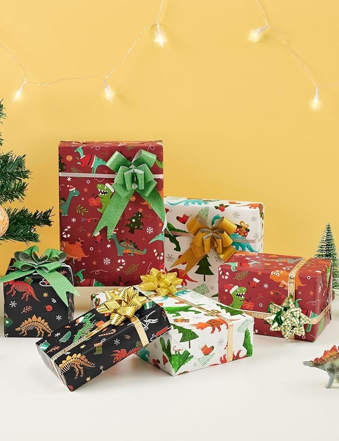 WERNNSAI Christmas Kids Wrapping Paper - 3 Rolls 17" x 120" Kids Christmas Dinosaur Wrapping Paper Rolls Boys Christmas Wrapping Papers Christmas Birthday Gift Wrap Paper with Cutting Line
