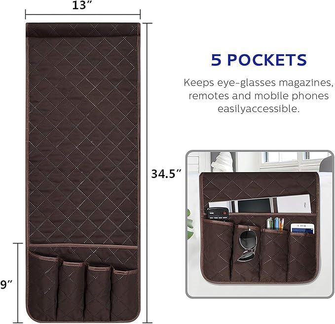 Sofa Armrest Organizer Non-Slip Arm Chair Bedside Caddy Storage Organizer for Recliner Couch with 5 Pockets for Cell Phone TV Remote Control Magazines (DARK BROWN)