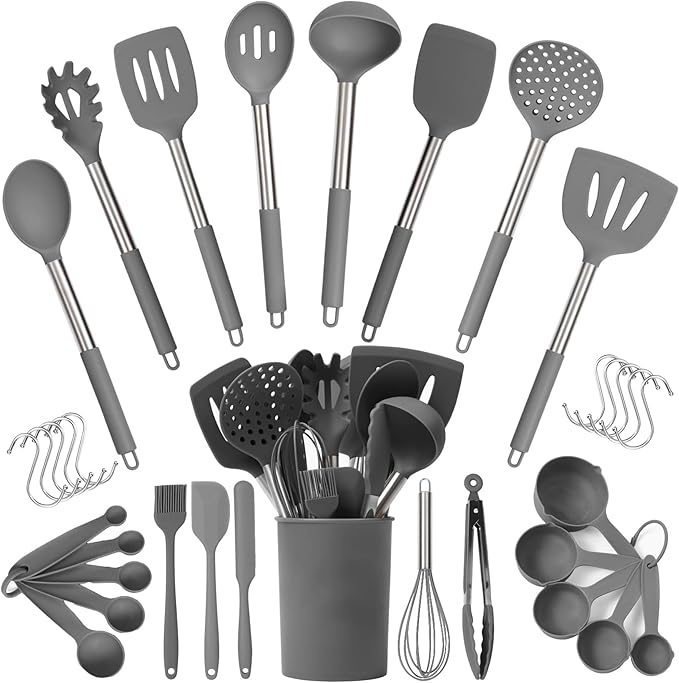 Silicone Kitchen Utensils Set 34 Pieces 450 °F Heat Resistant - Grey Cooking Utensils-Set for Nonstick Cookware - Silicone Spatulas Set, Stainless Steel Handle & Other Kitchen accessories