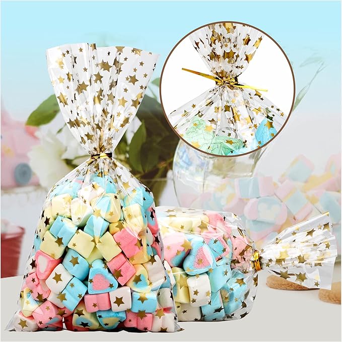 100Pcs Cellophane Treat Bags,4 X 9 Inches Gold Star Printed Clear Cellophane Bags,100 Twist Ties, for Cookies, Chocolate, Bakery, Party Favors, Gift Wrapping, Holiday & Classroom Gifts