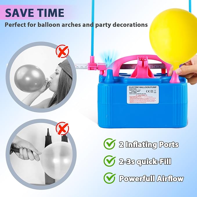 Party Zealot Electric Balloon Inflator Dual Nozzles with Balloon Sizer Air Pump US Standard Plug for Arch, Column Stand, Birthday, Wedding, Christmas, Graduation Party, and Party Decorations