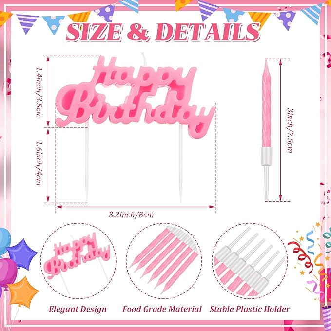 MTLEE Happy Birthday Candles Letter Cake Topper with 10 Pcs 2.95 Inch Short Thin Spiral Candles for Cake Topper Birthday Decoration Party Supplies(Pink)