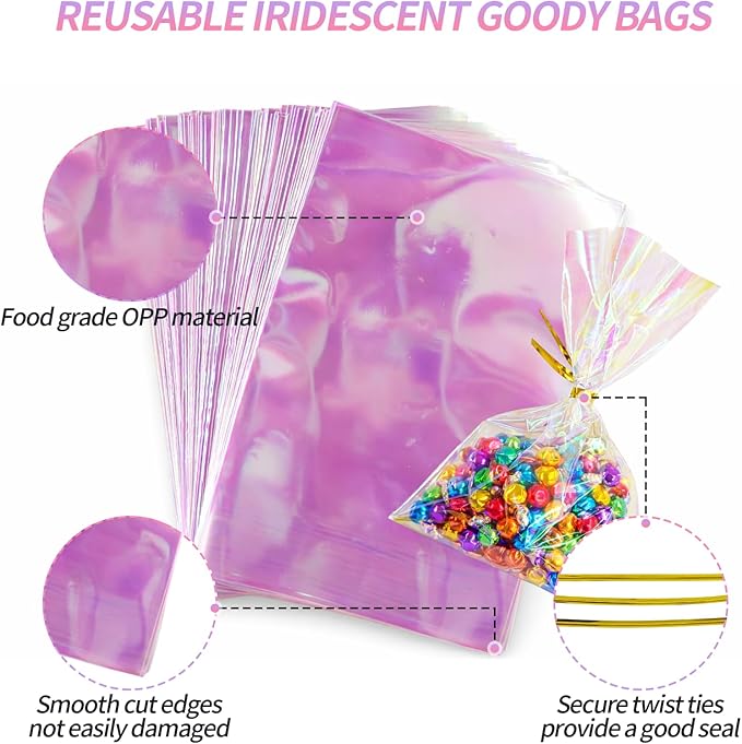 Amzlysdok 100PCS Iridescent Cellophane Bags,5 x 7 Inches Treat Bags with Twist Ties for Candy, Snacks, Cookies,Party Favors, and Gift Wrapping