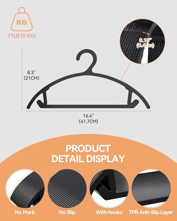 ABHENG 30 Pack Clothes Hangers, Non Slip Heavy Duty Plastic Hangers, Space Saving All-in-One Garment Hangers for Dresses Suits Jeans Knits, Hold Up to 11 LB Dry & Wet, 16.4" x 8.3", Black, UAPY0830B