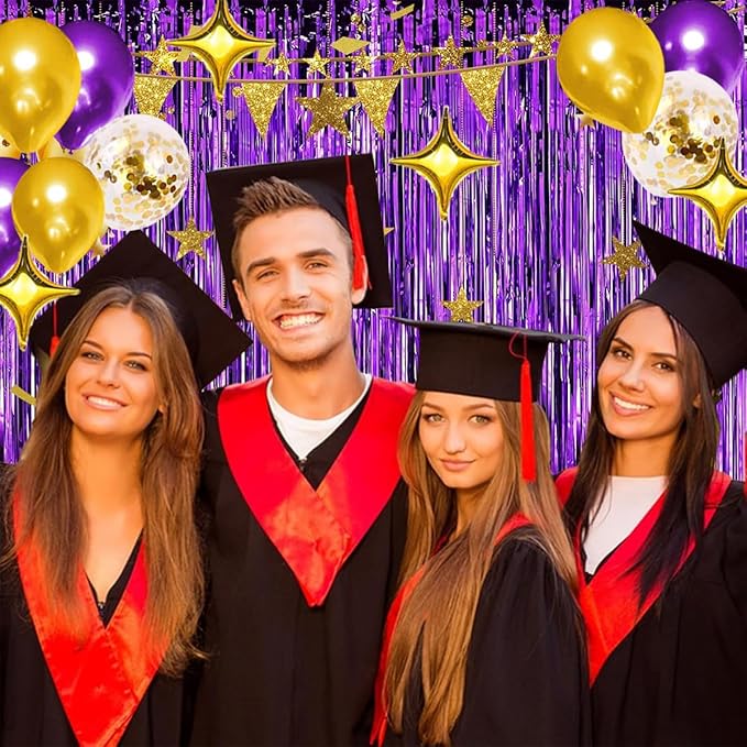 Purple Gold Balloon Garland Arch - 124PCS Purple and Gold Balloons Gold Star Balloons Purple Tinsel Foil Fringe Curtain for Birthday Wedding Anniversary Graduation Party Decorations