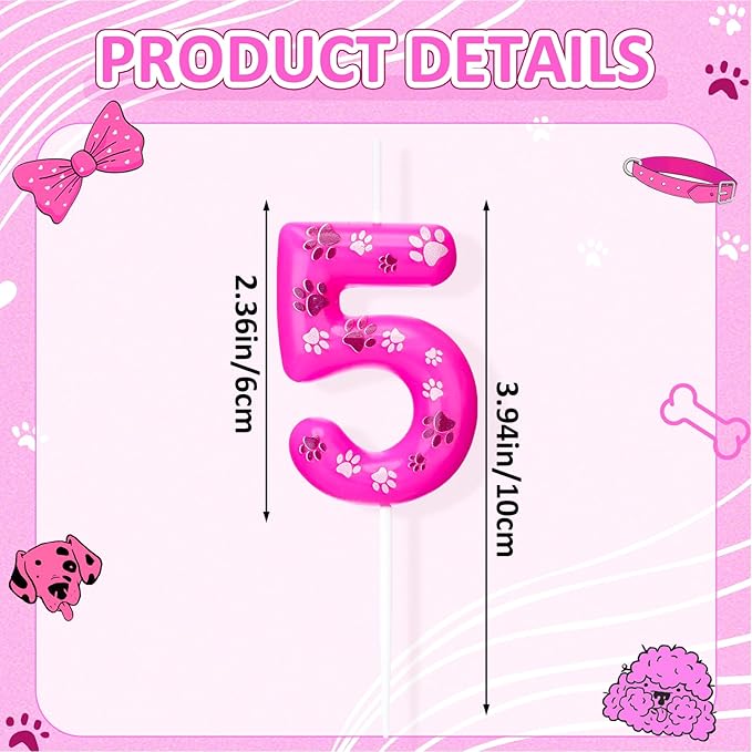 Conelist Number 5 Dog Paw Birthday Candles Toppers Candles Rose Red, Pink, Purple Numeral Birthday Cake Topper for 5 Year Old Boy Girl Paw Birth Day Decoration Pet Party Supplies