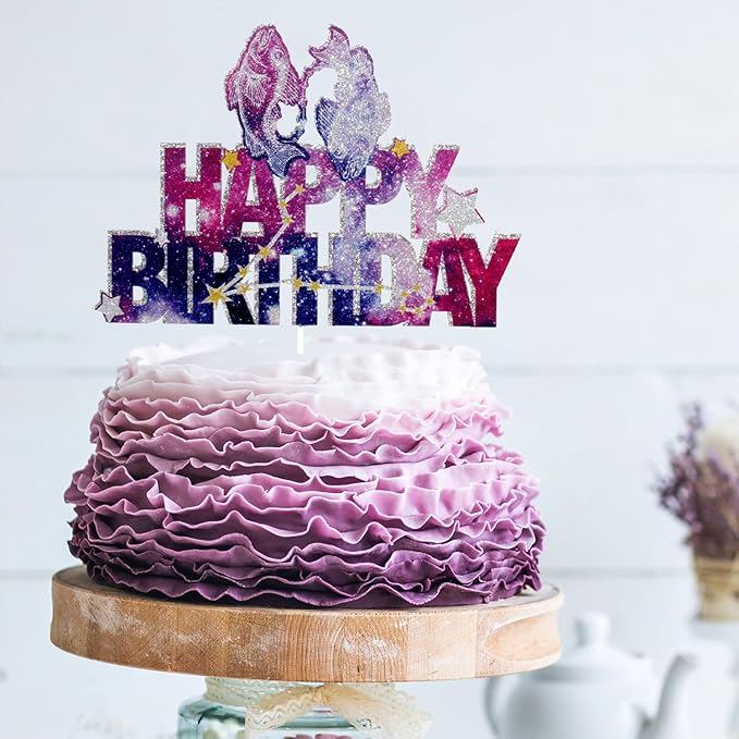 Constellation Pisces Happy Birthday Cake Topper - Galaxy Star Pisces Themed Birthday Party Cake Topper - Constellation Pisces Cake Decoration For Boys Girls
