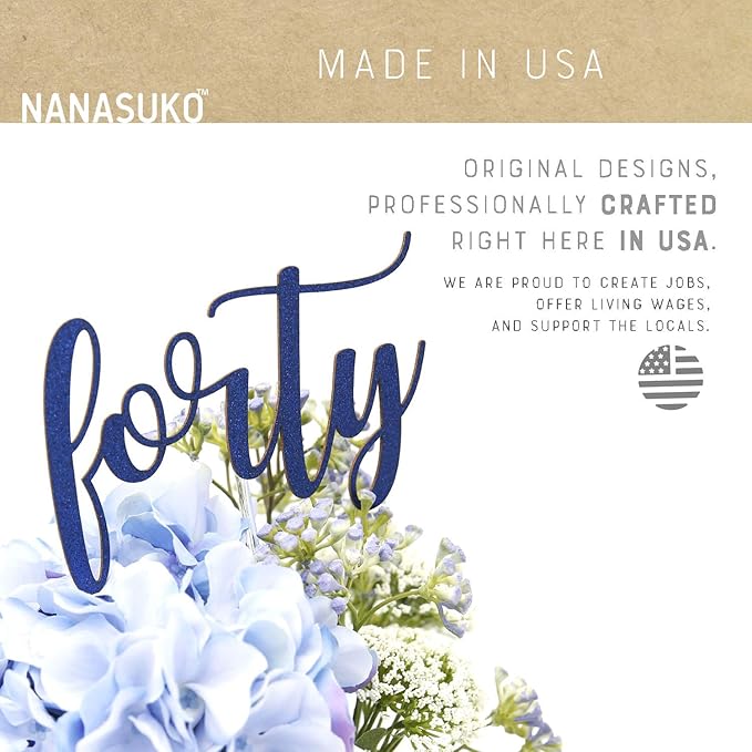 40th Birthday Cake Topper - forty - Double Sided Navy Blue glitter - Premium quality Made in USA