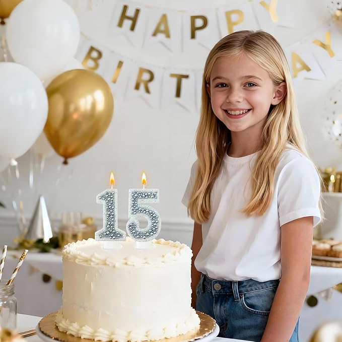 15 Birthday Number Candle for Cake, Glitter Number Candle with Silver Beads, Decorative Cake Topper for Milestone Celebrations