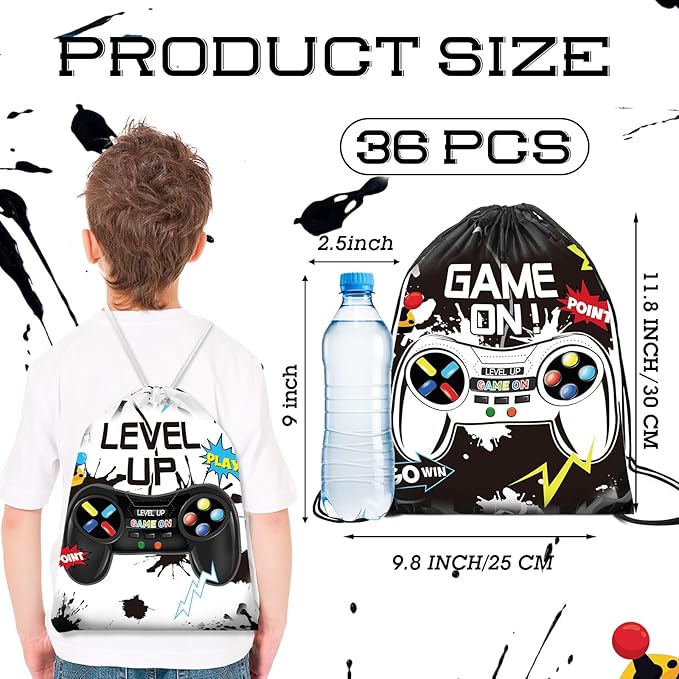 Roowest 36 Pcs Video Game Drawstring Bags 12 x 10'' Video Gaming Theme Birthday Party Gifts Supplies Goodie Treat Candy Bags for Kid(Black, White)