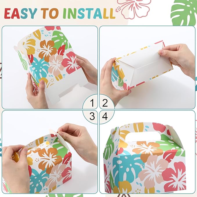 AmazingSpark 12 Pack Hawaiian Party Favor Boxes with Handle, Cartoon Hibiscus Floral Candy Gift Boxes for Tropical Luau Aloha Summer Beach Birthday Baby Shower Decorations