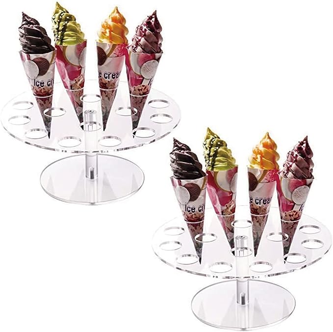 2 Pack Ice Cream Cone Holder Stand with 16 Holes, Ice Cream Cone Display Stand Holder, Cupcake Stand, Clear Acrylic Cone Display Stand Weddings Baby Showers Birthday Parties Anniversaries Christmas