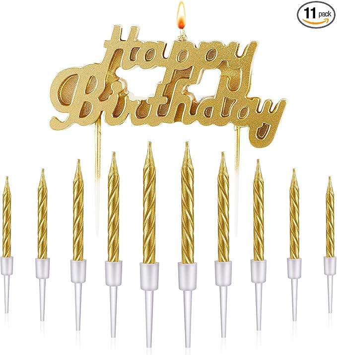 MTLEE Happy Birthday Candles Letter Cake Topper with 10 Pcs 2.95 Inch Short Thin Spiral Candles for Cake Topper Birthday Decoration Party Supplies(Gold)