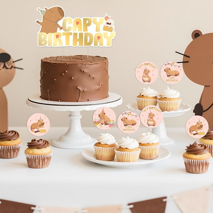 Cheereveal 25Pcs Capybara Happy Birthday Cake Decorations Pink, Cute Cartoon Capybara Cupcake Toppers, Capy Animal Theme Birthday Baby Shower Party Supplies
