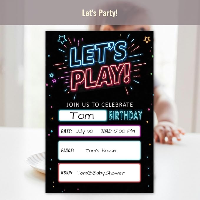 Birthday Party Invitations Let's Play Card Neon Starlight Kit, 25 Pcs 4x6 Inch, Modern Flashing Dark Black Invites for Boy Girl Kids Teens
