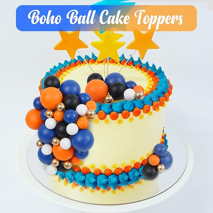 115 PCS Ball Cake Toppers - Mini Balloon Cake Decorations Navy Blue Orange White Gold Foam Ball Cupcake Picks DIY Cake Insert Toppers for Baby Shower Birthday Party Wedding