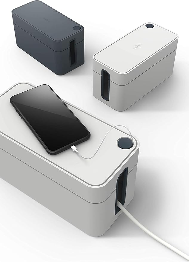 Durable Cavoline Cable Management Box S - Safely Store Power Blocks and Cables - USB Cable Outlet for Charging Devices - Made of Flame Retardant Plastic - Small Box in Gray