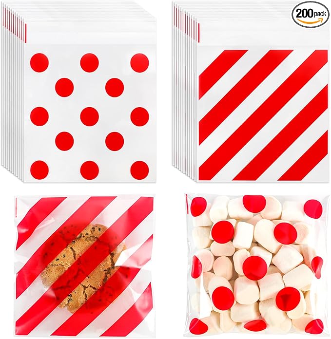 200pcs Cellophane Bags 5.5x5.5 Self Sealing Cookie Bags for Packaging Cellophane Treat Bag for Gift Giving Packaging Christmas Valentines Candy Goodie Homemade Bakery